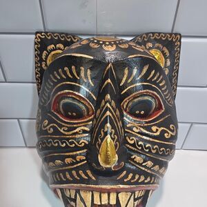 Balinese Black Demon Cat Wood Mask Hand Carved